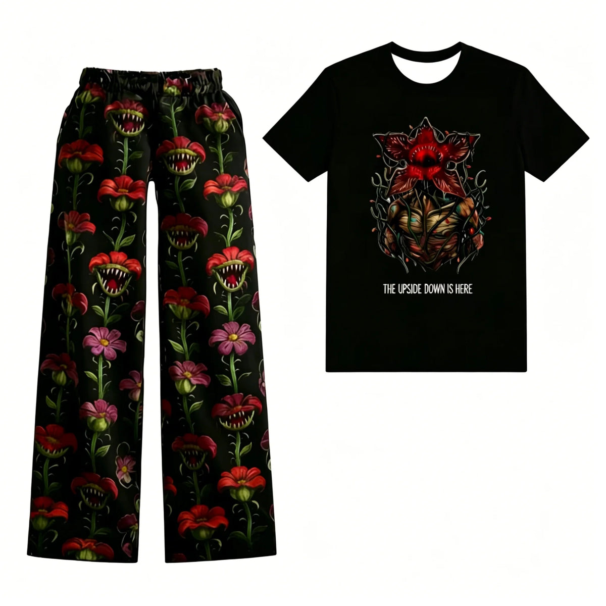 Pigiama Stranger Things da donna con t-shirt nera Demogorgone fiorito e pantaloni a fiori carnivori