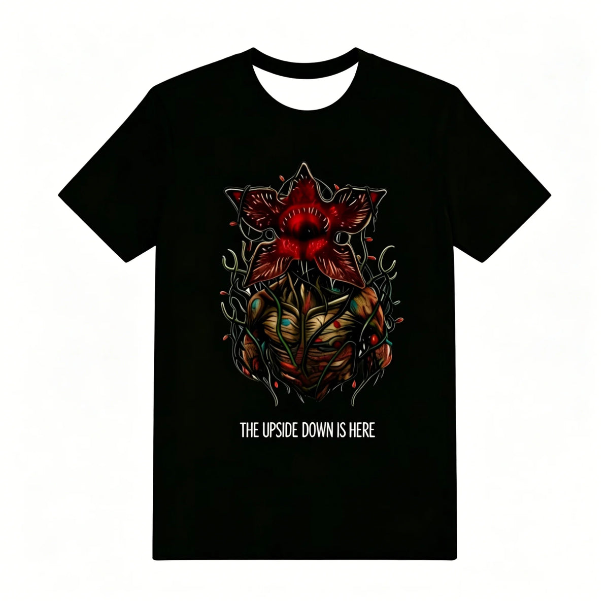 T-shirt nera del pigiama Stranger Things, Demogorgone di fiori e scritta The Upside Down Is Here