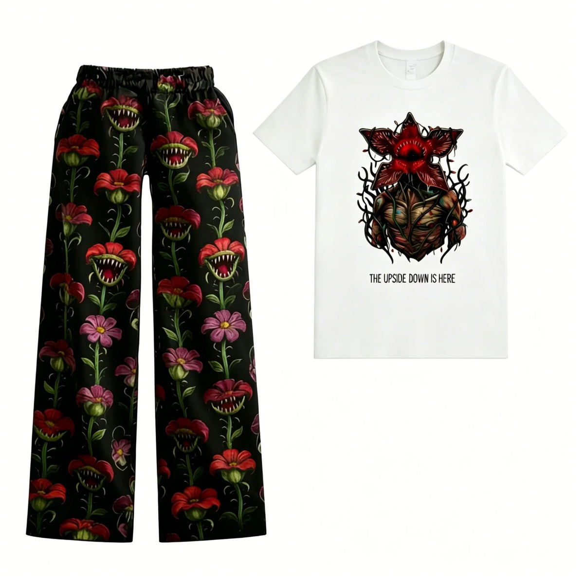 Pigiama Stranger Things da donna con t-shirt bianca Demogorgone fiorito e pantaloni a fiori carnivori