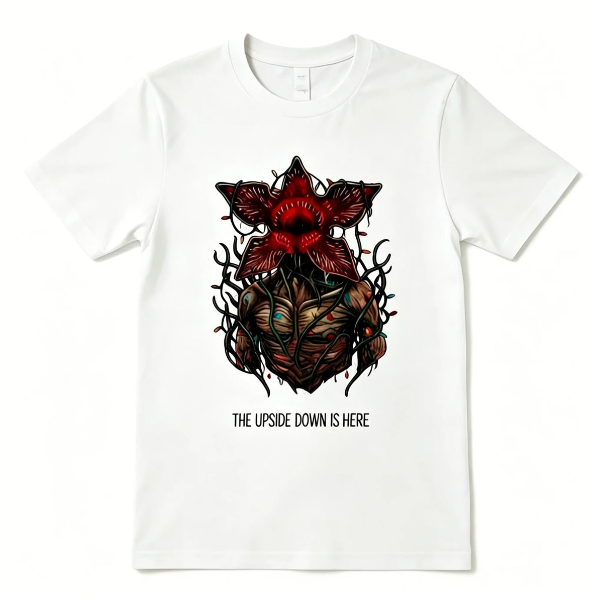 T-shirt bianca del pigiama Stranger Things, Demogorgone di fiori e scritta The Upside Down Is Here