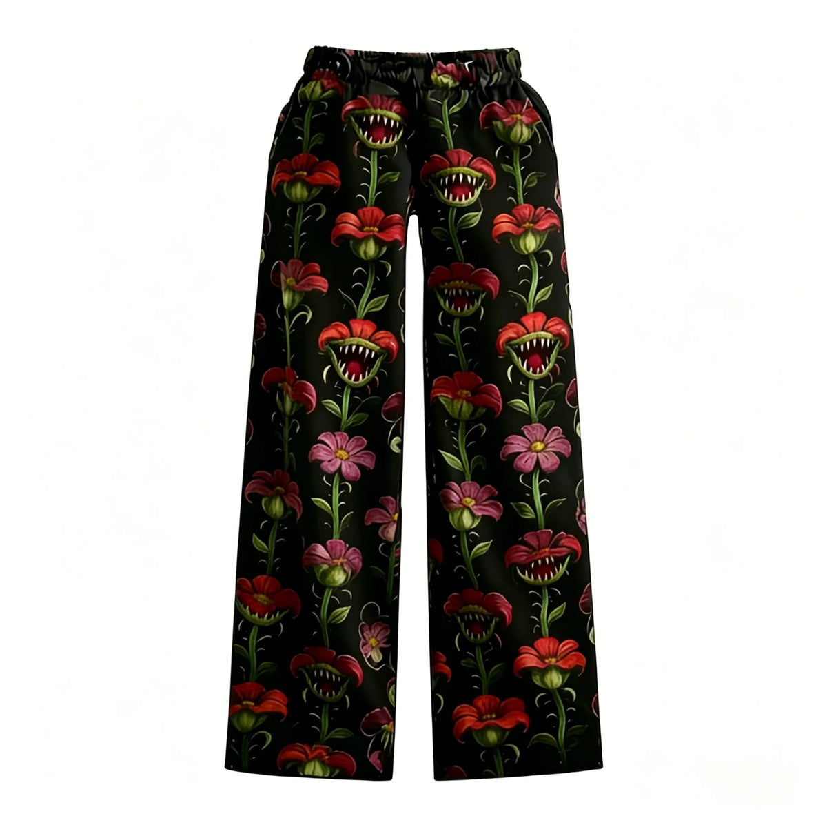 Pantaloni del pigiama Stranger Things con fiori carnivori rossi e rosa su fondo nero