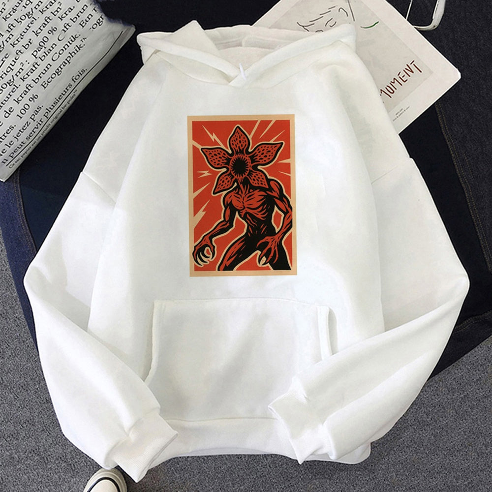 Felpa con cappuccio bianca Stranger Things poster del Demogorgone, disegno stampato sul davanti