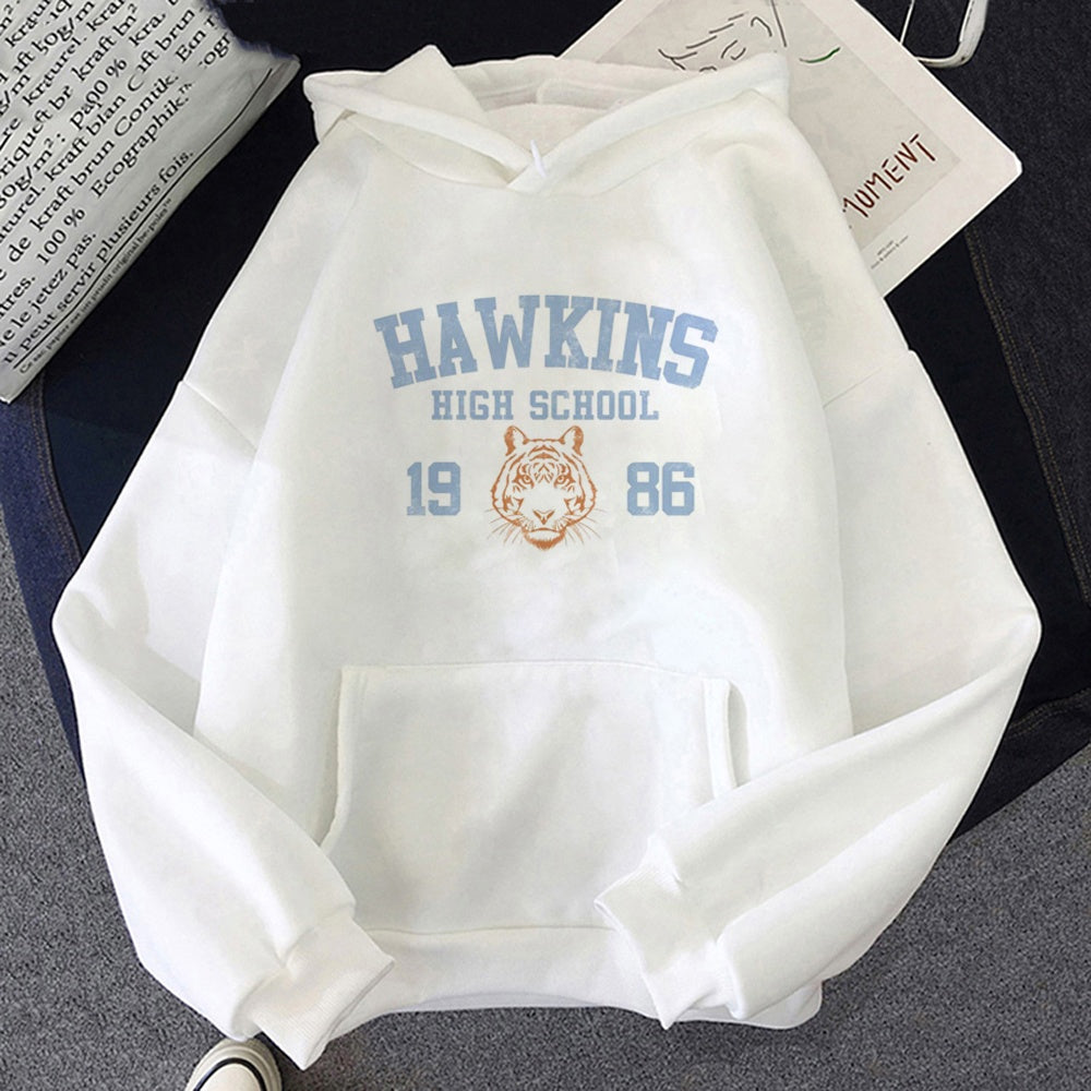 Felpa con cappuccio bianca Stranger Things Hawkins High School 1986, disegno stampato sul davanti