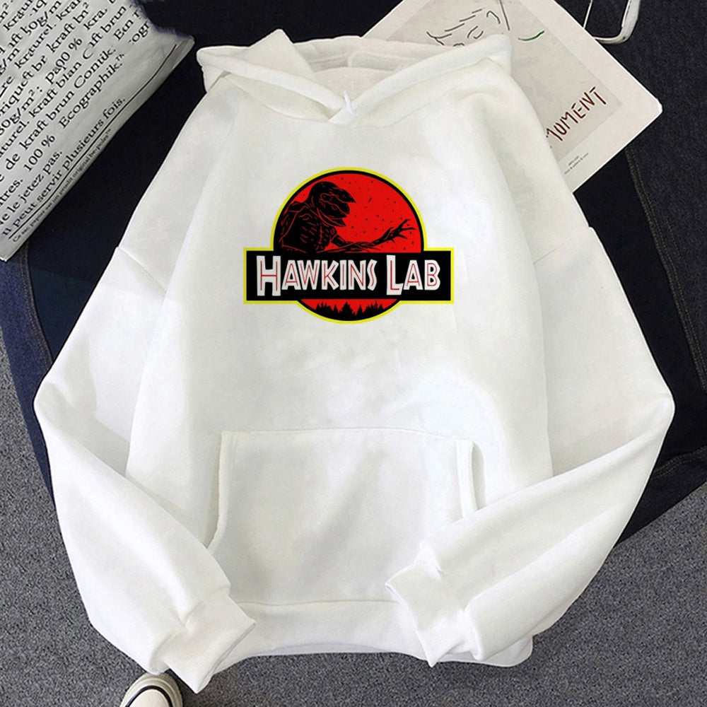 Felpa con cappuccio bianca Stranger Things Hawkins Lab, disegno stampato sul davanti