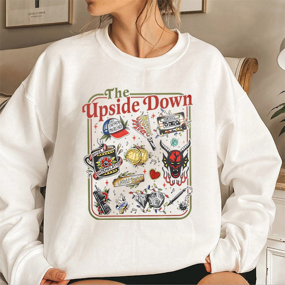 Felpa girocollo Stranger Things The Upside Down oggetti cult bianco, oggetti della serie in stile tatuaggio retrò sul davanti