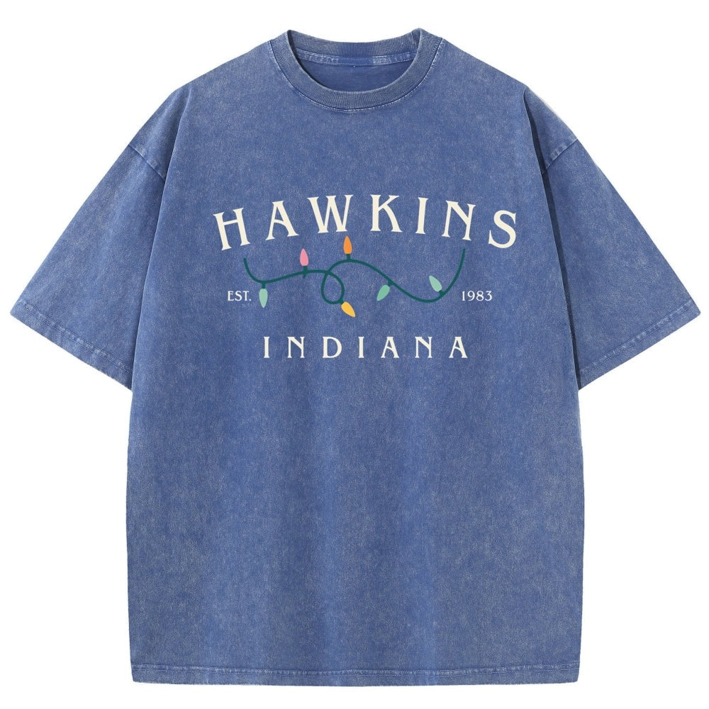T-shirt da uomo slavata Stranger Things Hawkins Indiana ghirlanda – colore blu