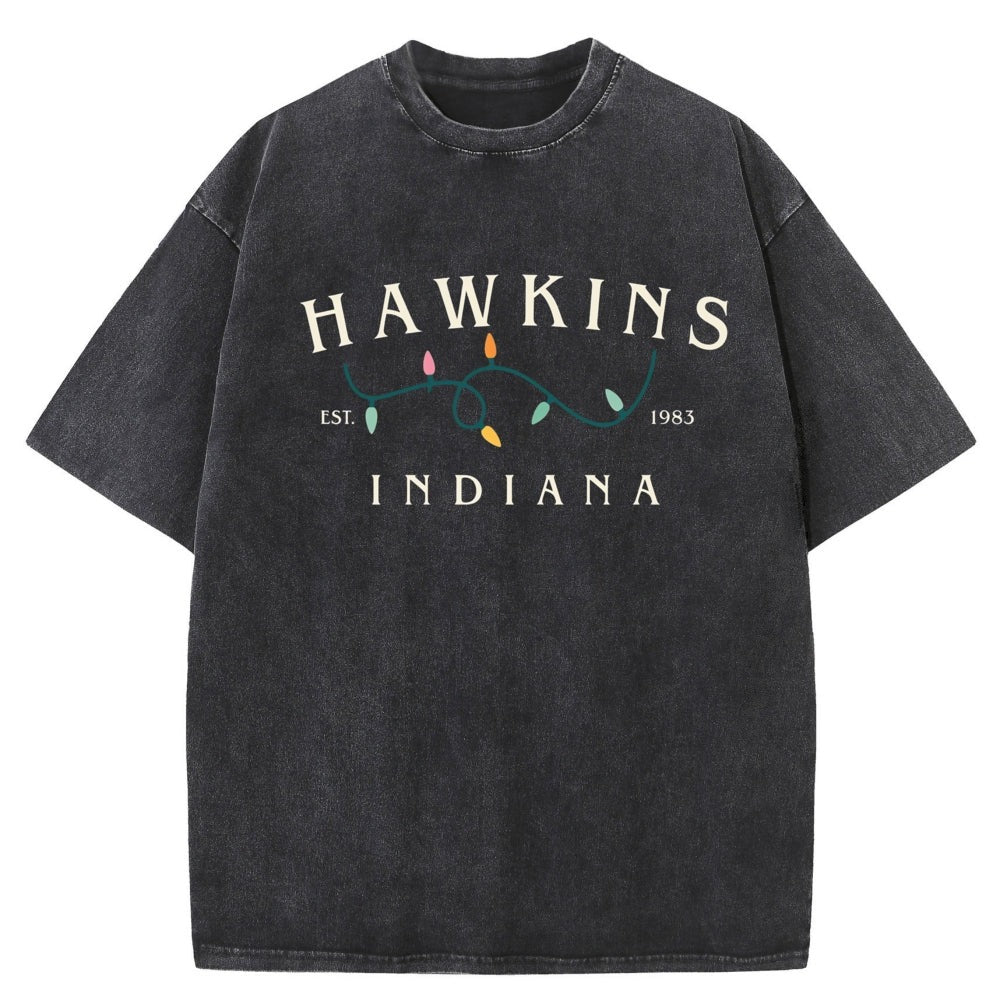 T-shirt da uomo slavata Stranger Things Hawkins Indiana ghirlanda – colore nero