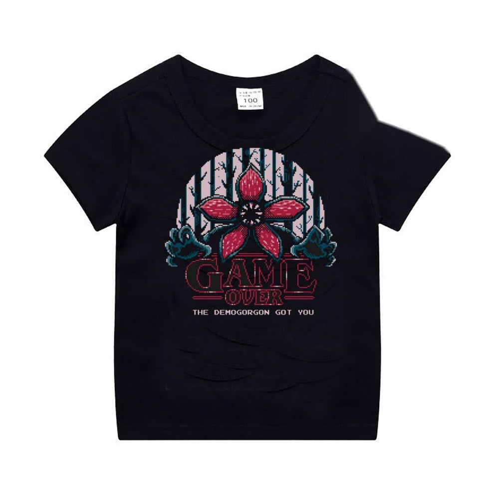 T-shirt enfant noir Stranger Things Demogorgon chasseur vu de face