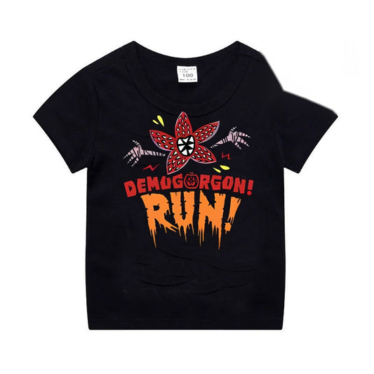 T-shirt enfant noir Stranger Things Demogorgon Run vu de face