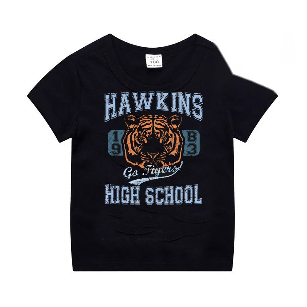T-shirt enfant noir Stranger Things Hawkins High School tigre vu de face