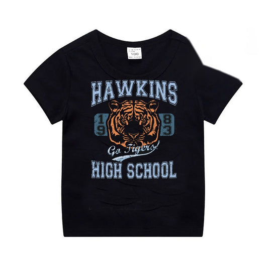T-shirt enfant noir Stranger Things Hawkins High School tigre vu de face