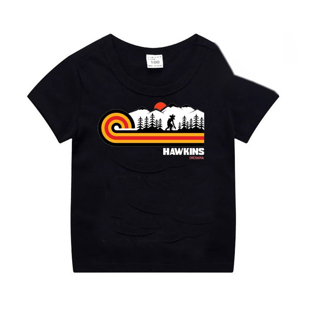 T-shirt enfant noir Stranger Things les vélos de Hawkins vu de face