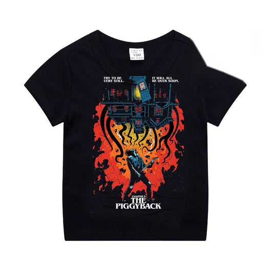 T-shirt enfant noir Stranger Things The Piggyback vu de face