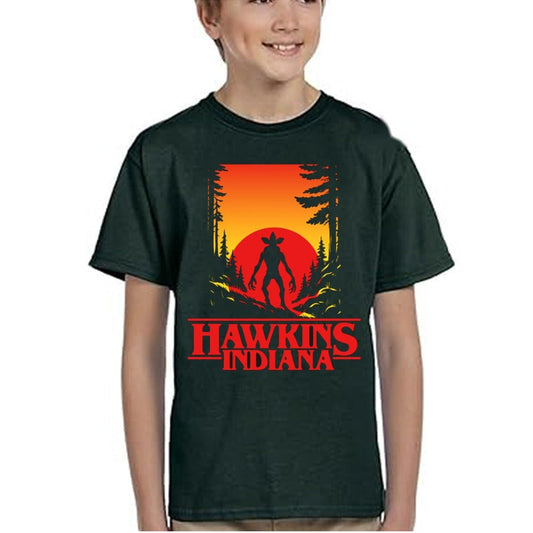 T-shirt enfant vert Stranger Things Hawkins Indiana vu de face