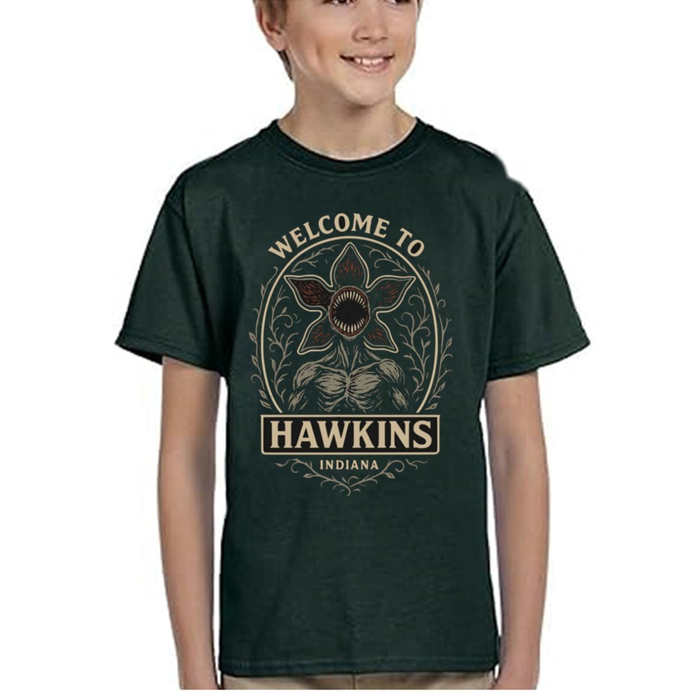 T-shirt enfant vert Stranger Things Welcome to Hawkins vu de face