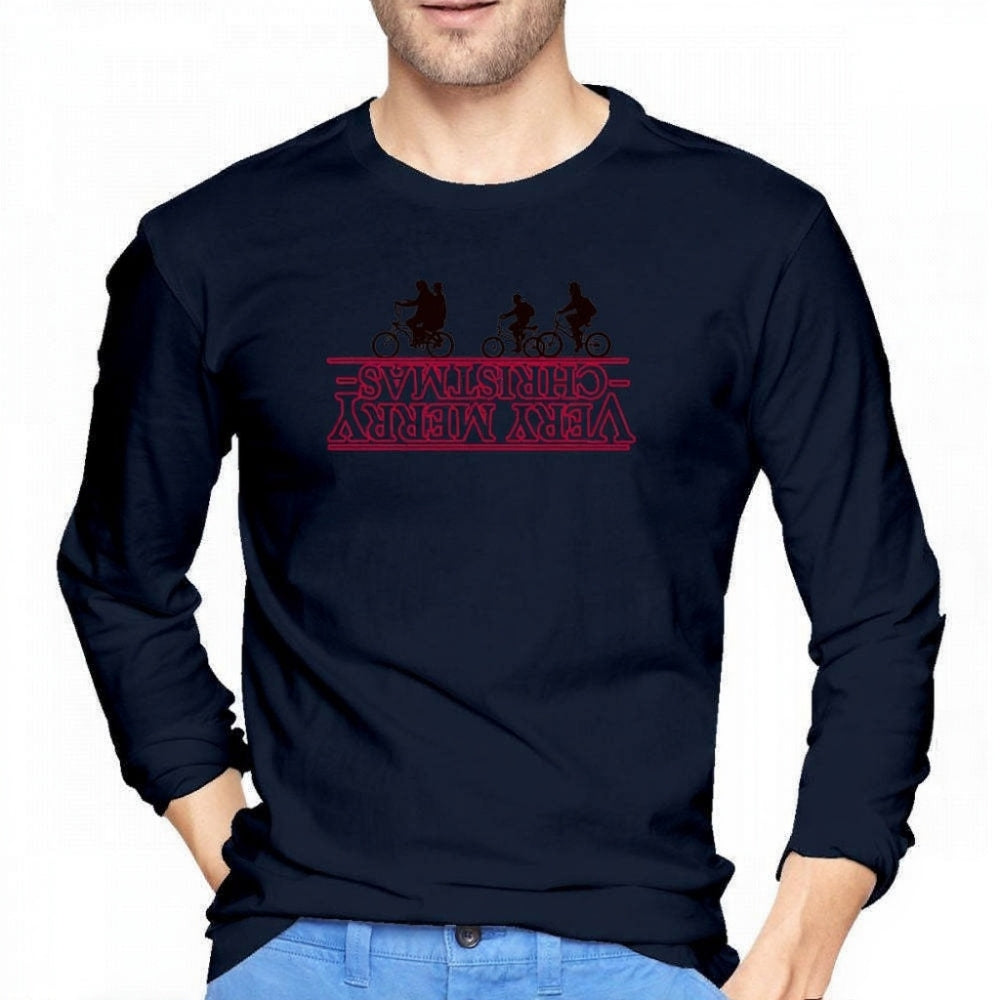 T-shirt homme manches longues Stranger Things Very Merry Christmas à l'envers – coloris Bleu marine