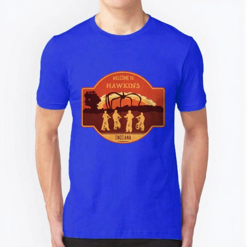 T-shirt homme Stranger Things Welcome to Hawkins Indiana écusson – coloris Bleu