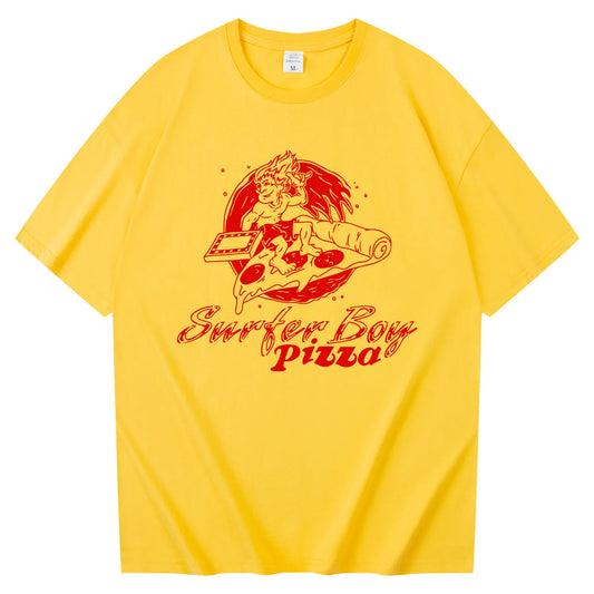 T-shirt gialla Surfer Boy Pizza Stranger Things, logo rosso della pizzeria di Argyle davanti
