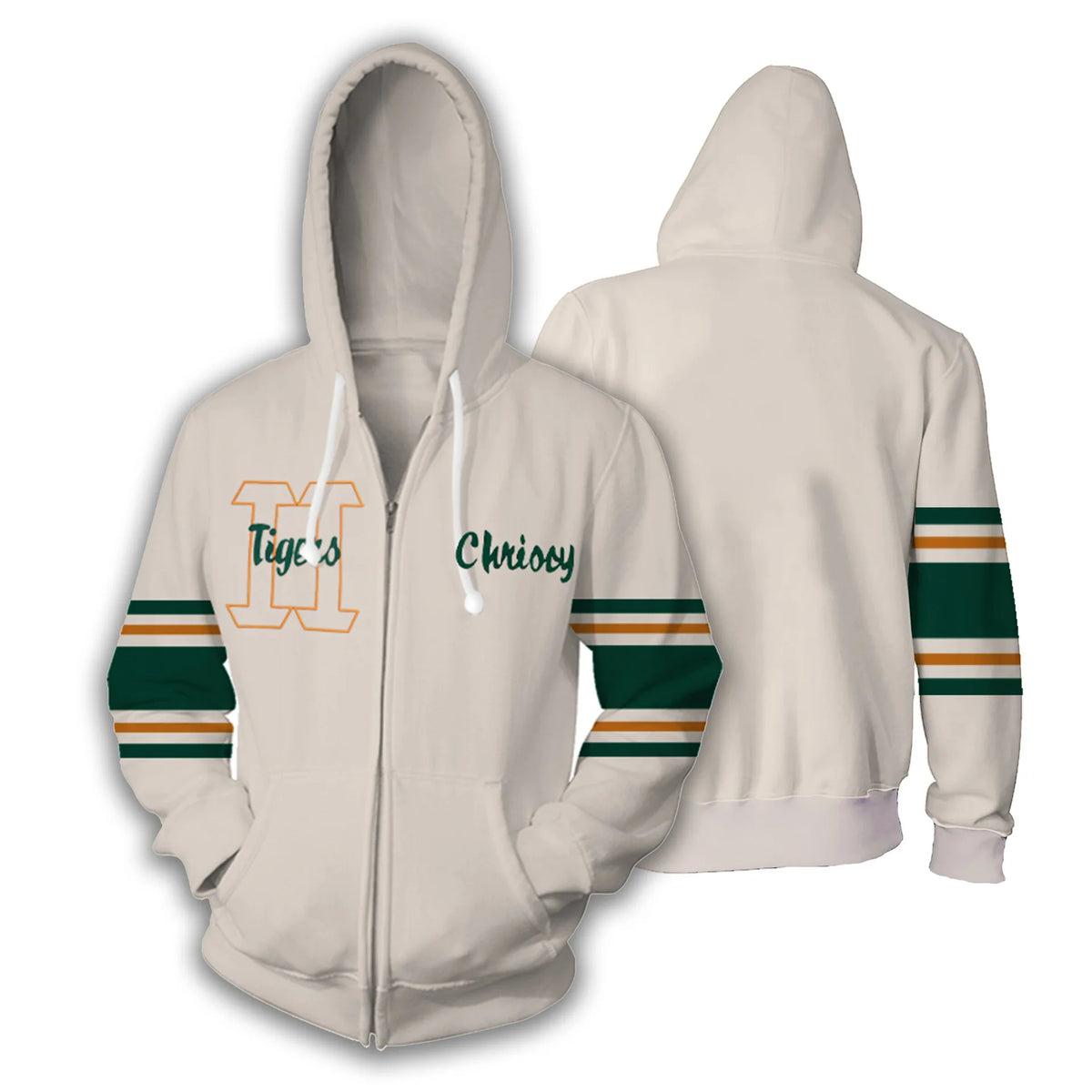 Giacca cosplay Stranger Things Chrissy con zip e cappuccio, color crema con maniche a righe verdi e arancioni, davanti e dietro
