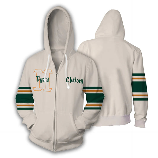 Giacca cosplay Stranger Things Chrissy con zip e cappuccio, color crema con maniche a righe verdi e arancioni, davanti e dietro
