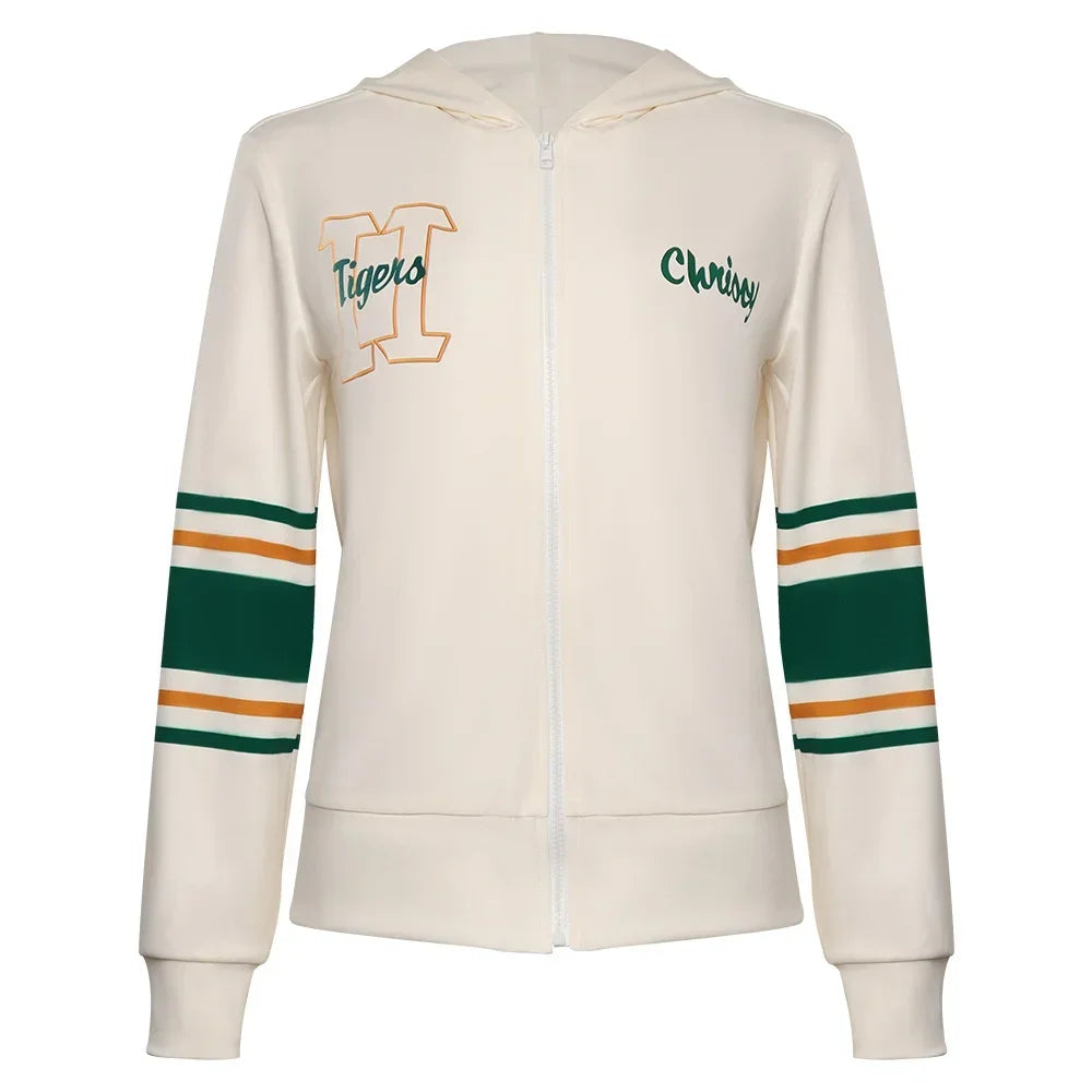 Giacca con zip Chrissy Stranger Things davanti, ricami H Tigers e Chrissy