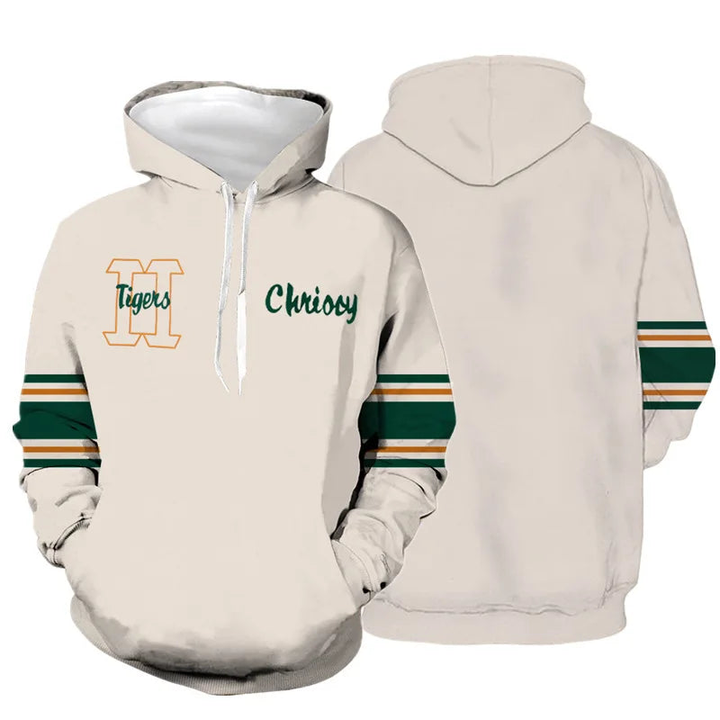 Felpa con cappuccio cosplay Stranger Things Chrissy, color crema con maniche a righe, davanti e dietro