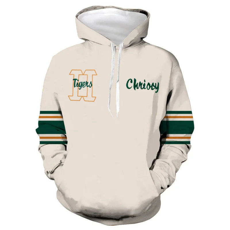 Felpa con cappuccio Chrissy Stranger Things davanti, ricami H Tigers e Chrissy