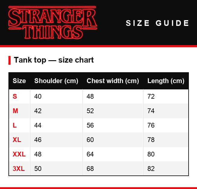 Guida alle taglie – Canotta Stranger Things Mighty Hawkins Rangers