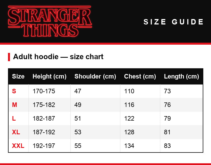 Guida alle taglie – Hoodie Stranger Things Very Merry Christmas capovolta
