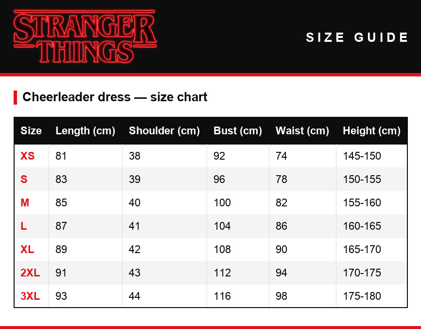 Guida alle taglie – Vestito da cheerleader Stranger Things Hawkins High