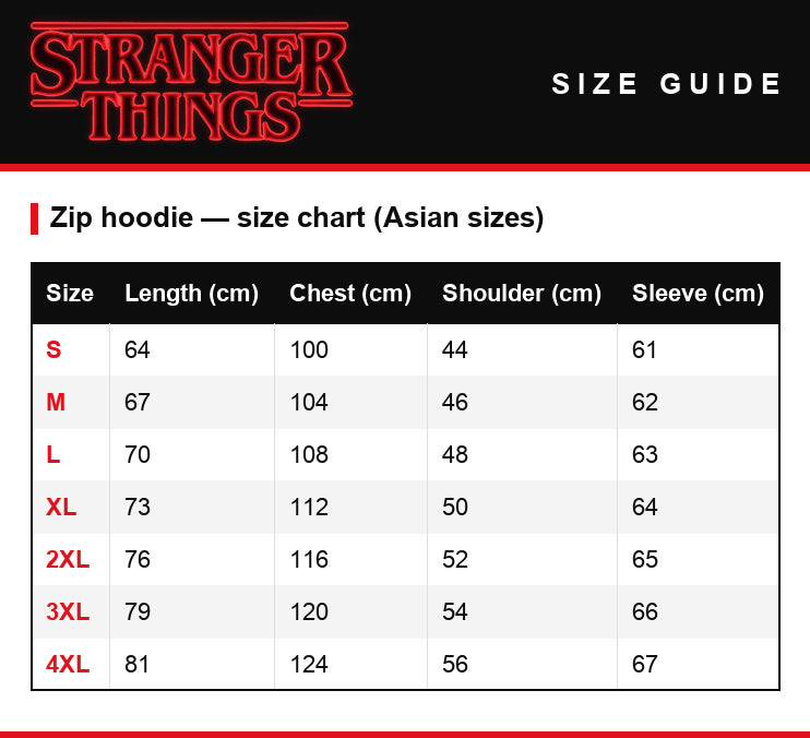 Guida alle taglie – Felpa con zip Stranger Things Demogorgone Live bianco e nero