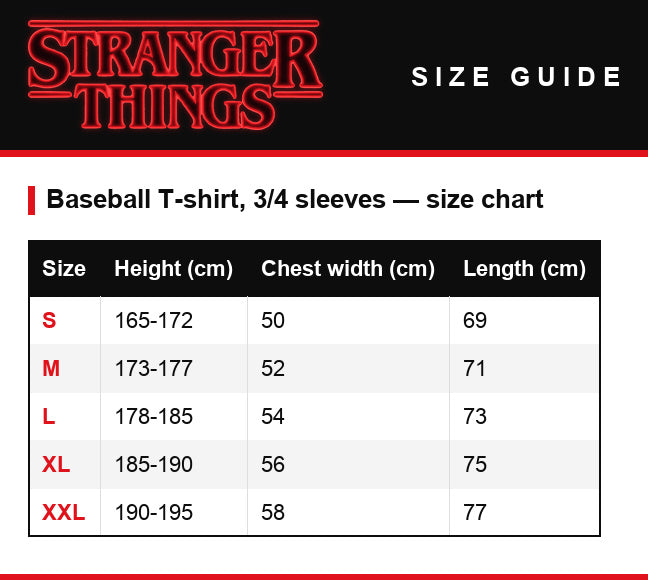 Guida alle taglie – T-shirt da uomo baseball maniche 3/4 Stranger Things Welcome to Hawkins Indiana stemma