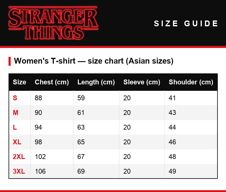 Guida alle taglie – T-shirt da donna Stranger Things Hawkins High School tigre 1983