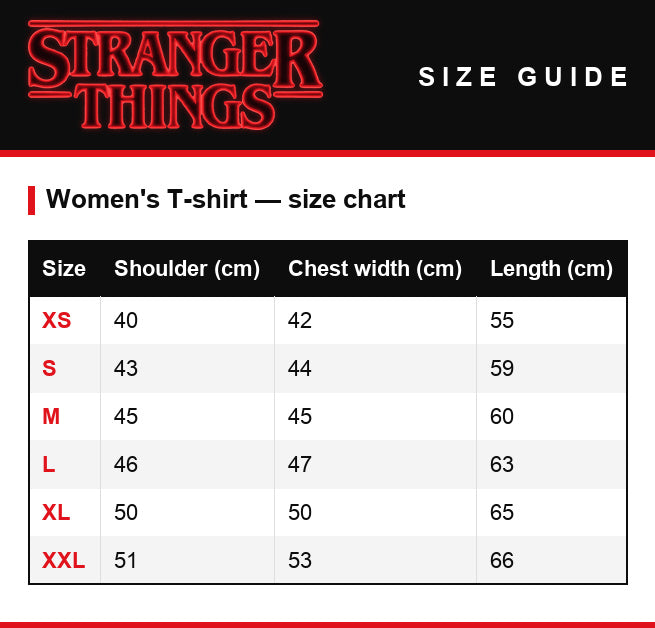 Guida alle taglie – T-shirt da donna Stranger Things Upside Down Club