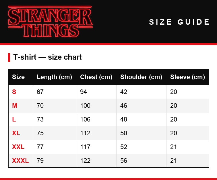 Guida alle taglie – T-shirt da donna Stranger Things Hawkins Strange School 1983