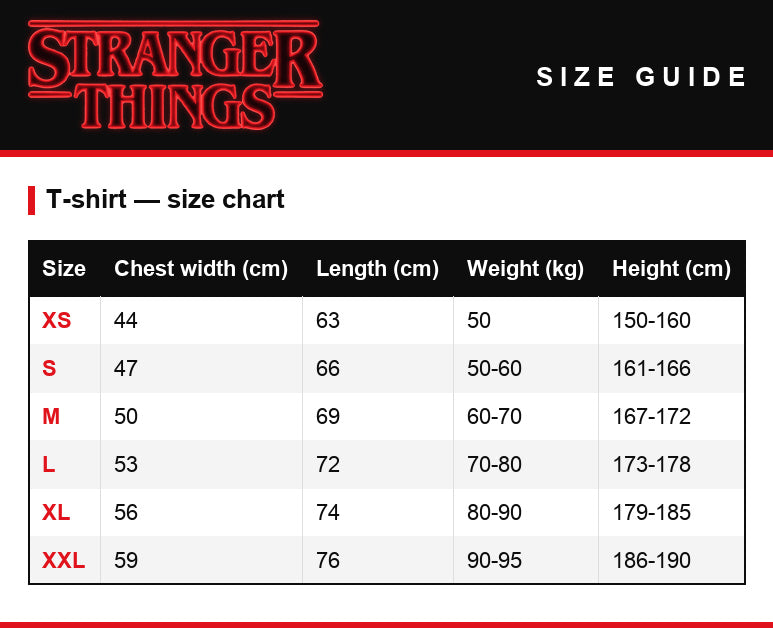 Guida alle taglie – T-shirt da uomo Stranger Things Adopt a Democane