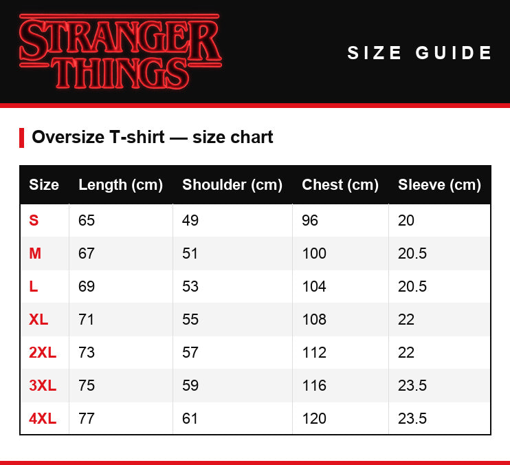 Guida alle taglie – T-shirt da donna oversize Stranger Things Harrington Babysitting Services