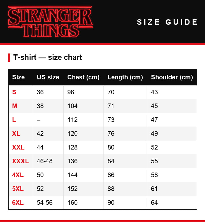Guida alle taglie – T-shirt da uomo Stranger Things Eddie Munson lightning